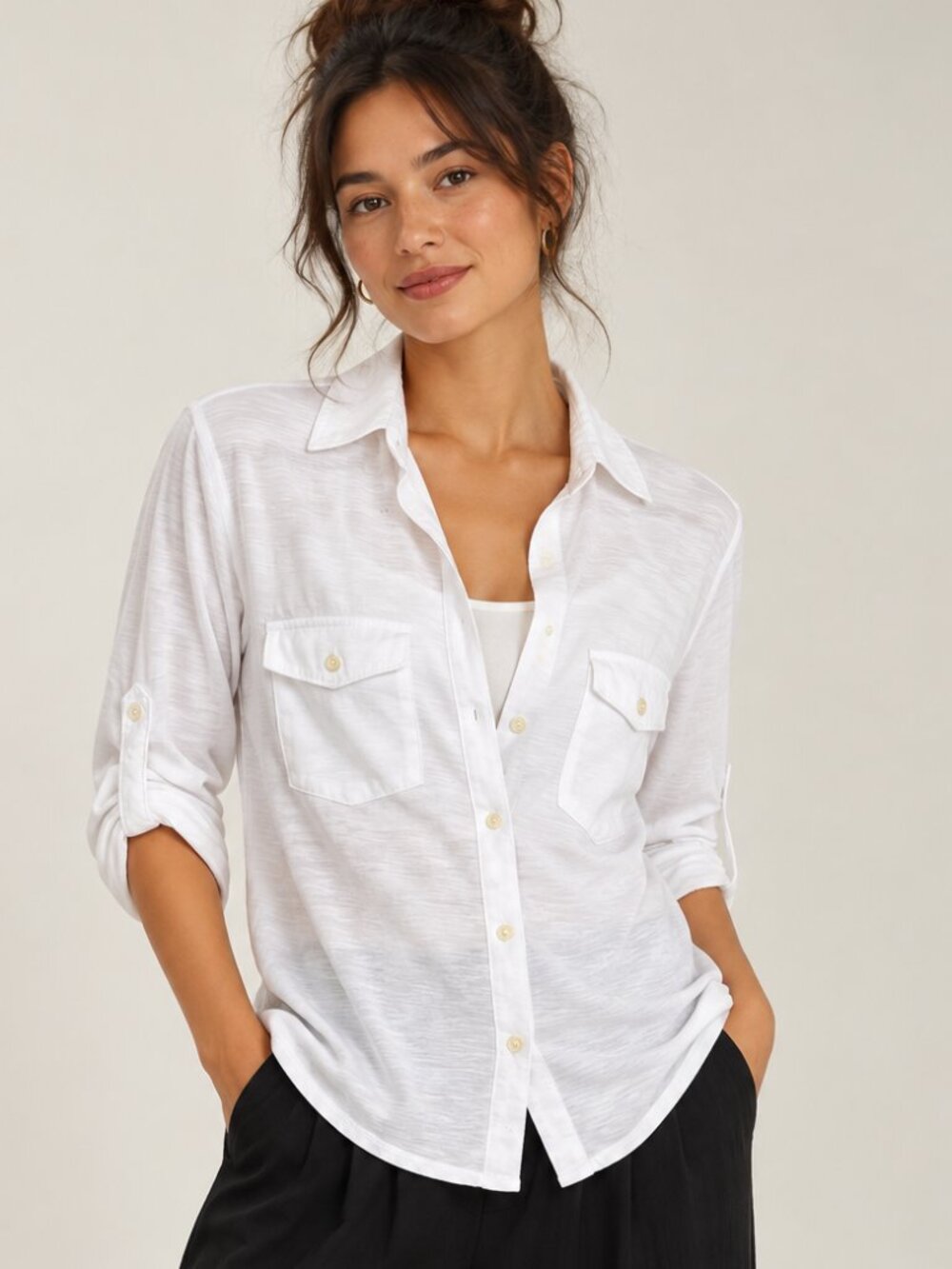 James Perse Cotton Collared Shirt with Button Tab Sleeves in White, Size 4
